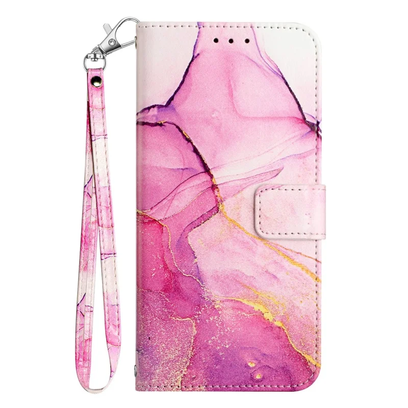 For Google Pixel 9 Pro XL Case with Strap Marble Pattern Leather Phone Cover Card Holder - Pink+Purple+Gold LS001
