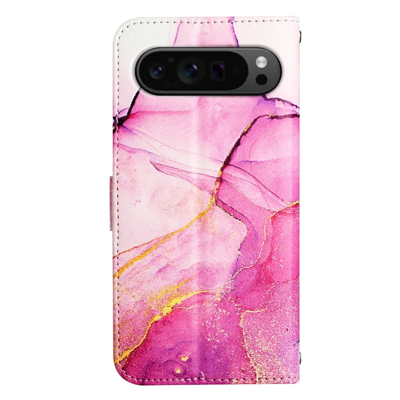 For Google Pixel 9 Pro XL Case with Strap Marble Pattern Leather Phone Cover Card Holder - Pink+Purple+Gold LS001