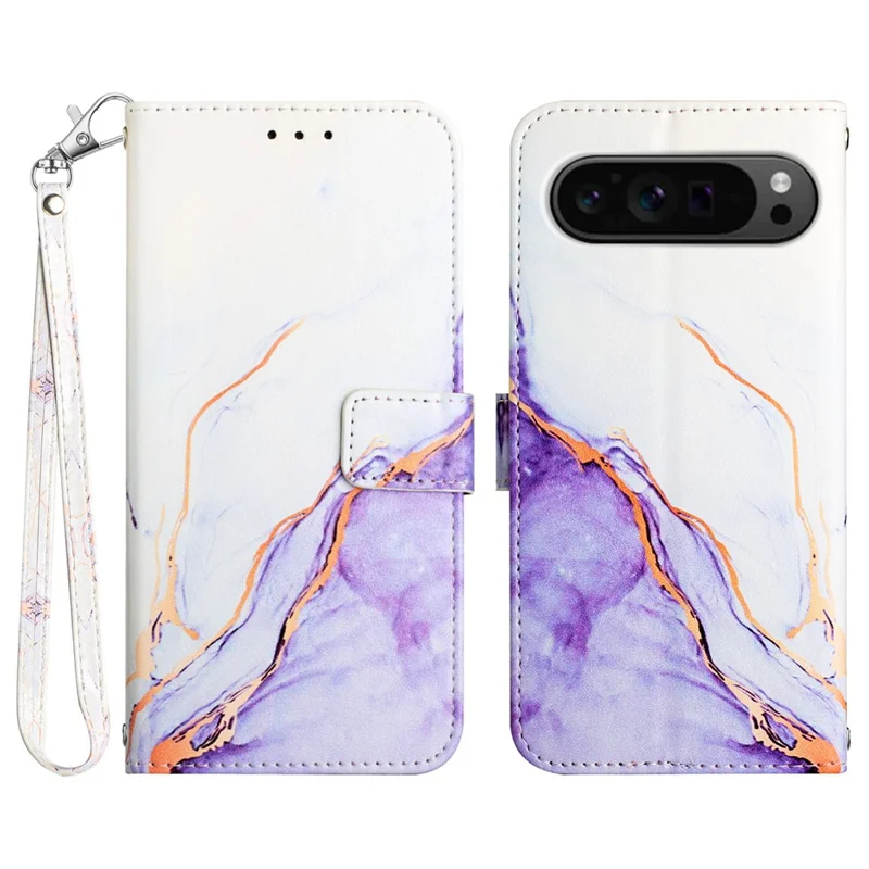 For Google Pixel 9 Pro XL Case with Strap Marble Pattern Leather Phone Cover Card Holder - White+Purple LS006