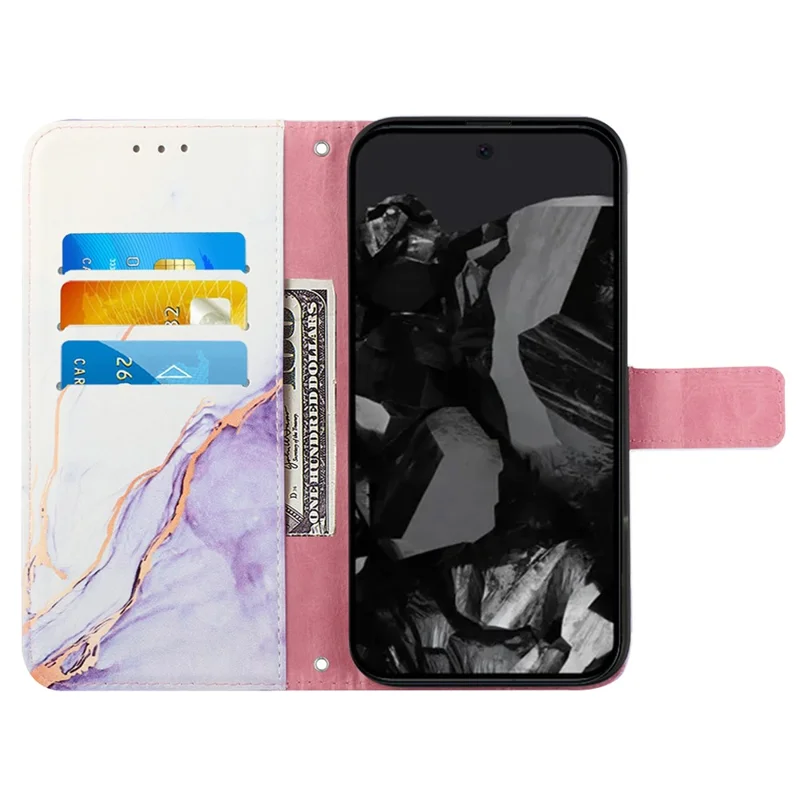 For Google Pixel 9 Pro XL Case with Strap Marble Pattern Leather Phone Cover Card Holder - White+Purple LS006