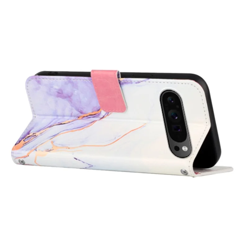 For Google Pixel 9 Pro XL Case with Strap Marble Pattern Leather Phone Cover Card Holder - White+Purple LS006