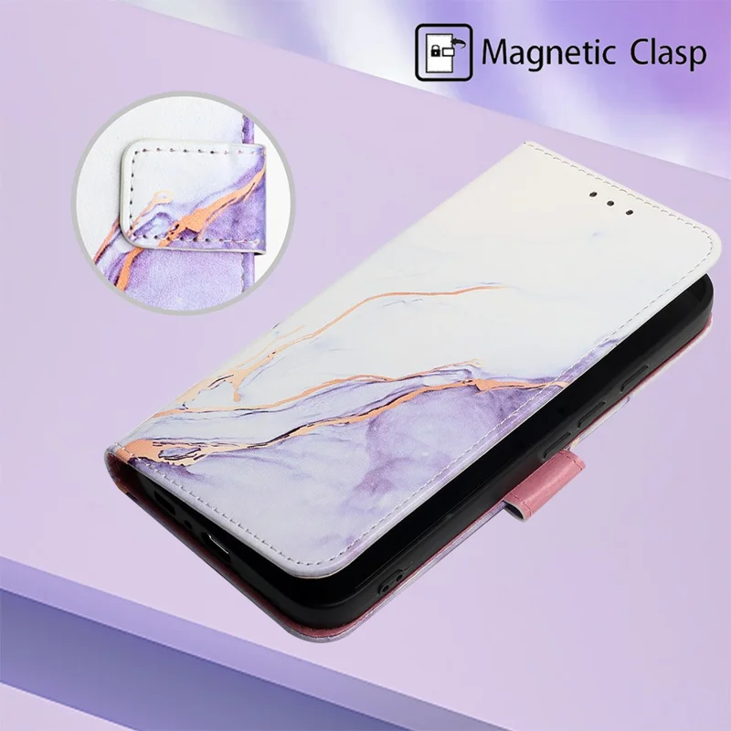 For Google Pixel 9 Pro XL Case with Strap Marble Pattern Leather Phone Cover Card Holder - White+Purple LS006