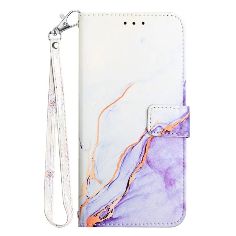 For Google Pixel 9 Pro XL Case with Strap Marble Pattern Leather Phone Cover Card Holder - White+Purple LS006