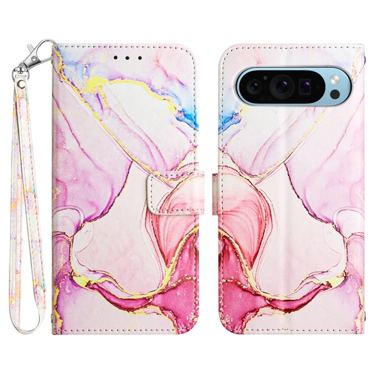 YB Pattern Printing Leather Series-5 Per Google Pixel 9 / Pixel 9 Pro Custodia Portafoglio in Piedi Cover per Telefono Motivo Marmo - Rose Gold LS005