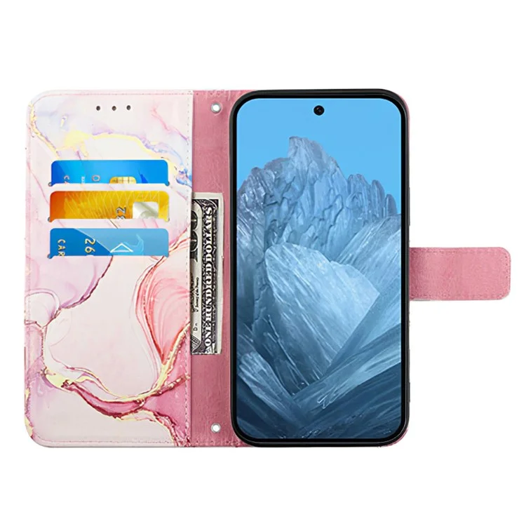 YB Pattern Printing Leather Series-5 Per Google Pixel 9 / Pixel 9 Pro Custodia Portafoglio in Piedi Cover per Telefono Motivo Marmo - Rose Gold LS005