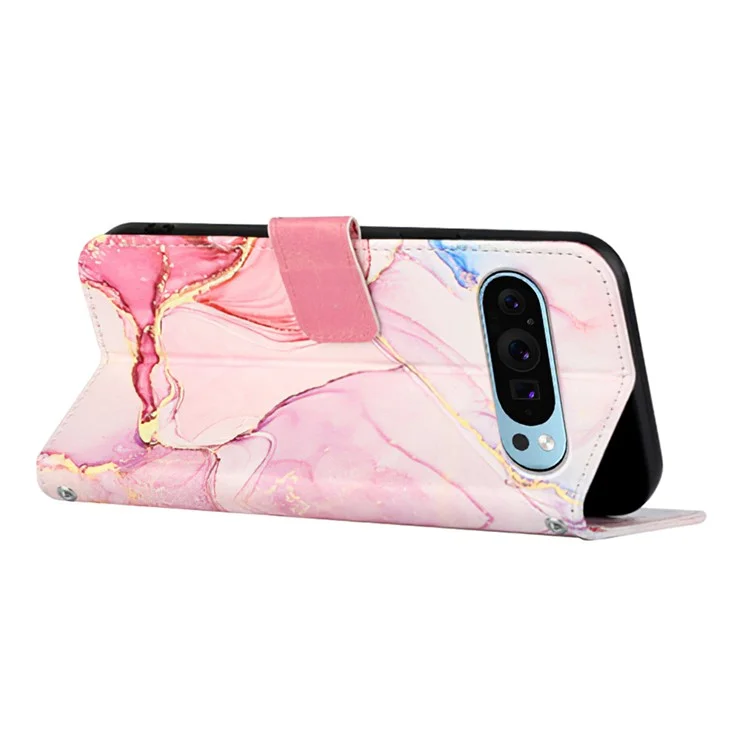 YB Pattern Printing Leather Series-5 Per Google Pixel 9 / Pixel 9 Pro Custodia Portafoglio in Piedi Cover per Telefono Motivo Marmo - Rose Gold LS005