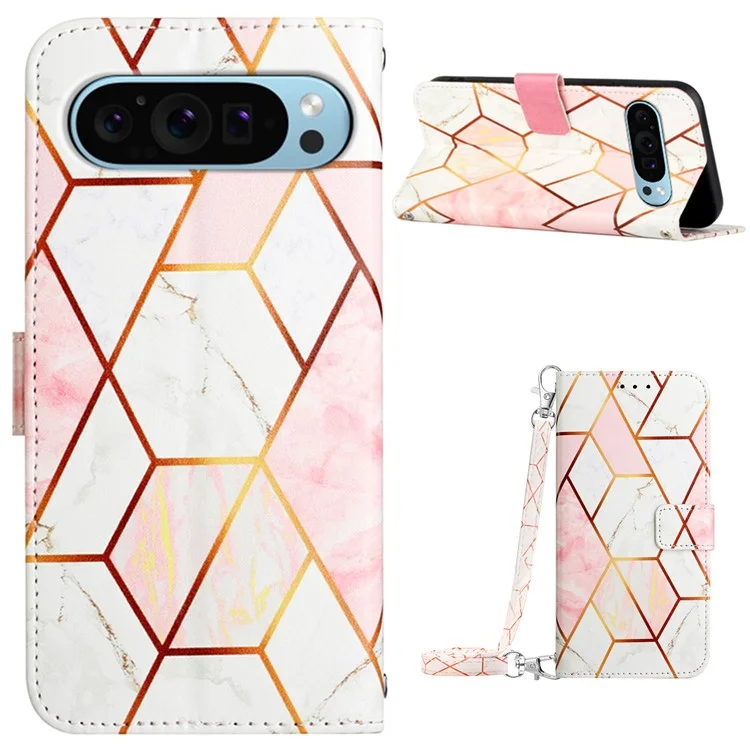 YB Pattern Printing Leather Series-6 für Google Pixel 9 / Pixel 9 Pro Crossbody-Handyhülle mit Standfuß und Geldbörse - Rosa / Weiß LS002