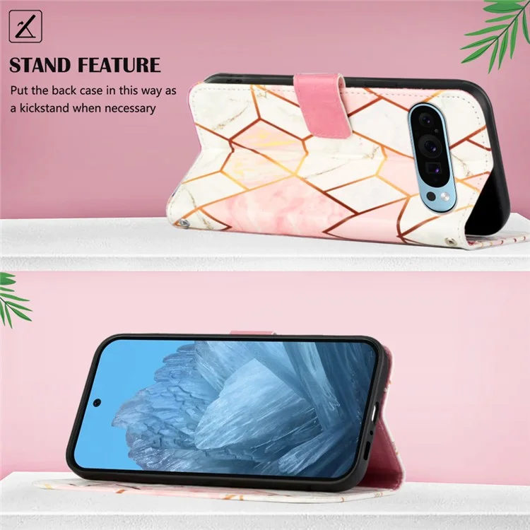 YB Pattern Printing Leather Series-6 für Google Pixel 9 / Pixel 9 Pro Crossbody-Handyhülle mit Standfuß und Geldbörse - Rosa / Weiß LS002