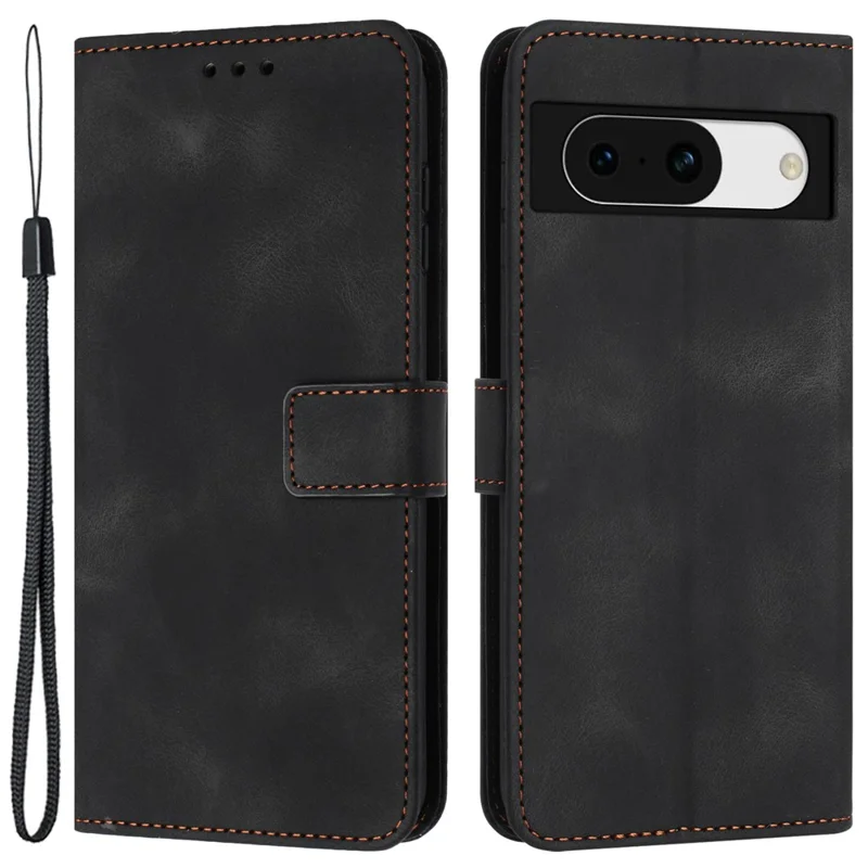 For Google Pixel 8a Case Wallet PU Leather Phone Cover with Lanyard Strap - Black