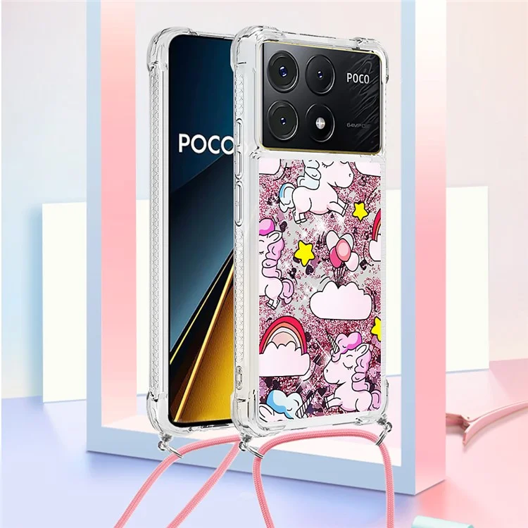 For Xiaomi Poco X6 Pro 5G / Redmi K70E 5G TPU Case with Lanyard Quicksand Pattern Print Phone Cover - Cute Horse and Clouds
