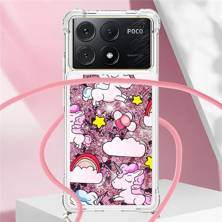For Xiaomi Poco X6 Pro 5G / Redmi K70E 5G TPU Case with Lanyard Quicksand Pattern Print Phone Cover - Cute Horse and Clouds