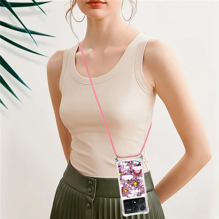 For Xiaomi Poco X6 Pro 5G / Redmi K70E 5G TPU Case with Lanyard Quicksand Pattern Print Phone Cover - Cute Horse and Clouds