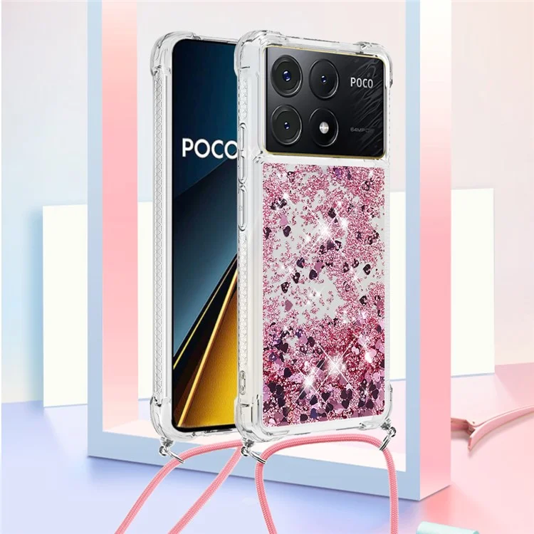 For Xiaomi Poco X6 Pro 5G / Redmi K70E 5G TPU Case Quicksand Design Phone Cover with Lanyard - Rose Gold / Hearts