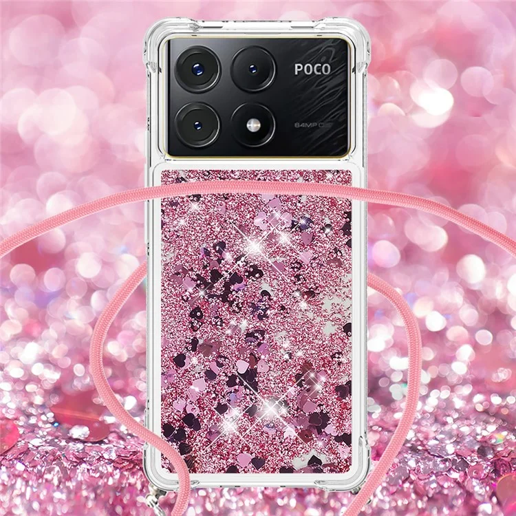 For Xiaomi Poco X6 Pro 5G / Redmi K70E 5G TPU Case Quicksand Design Phone Cover with Lanyard - Rose Gold / Hearts