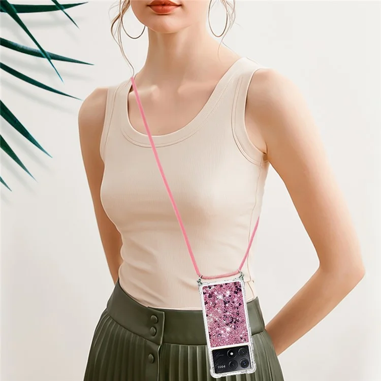 For Xiaomi Poco X6 Pro 5G / Redmi K70E 5G TPU Case Quicksand Design Phone Cover with Lanyard - Rose Gold / Hearts