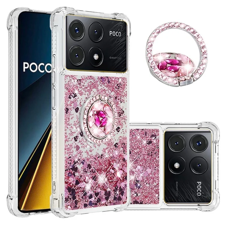 YB Quicksand Series-7 para Xiaomi Poco X6 Pro 5G / Redmi K70E 5G Funda con Soporte Plegable Funda TPU para Teléfono - Rosa Oro / Corazones