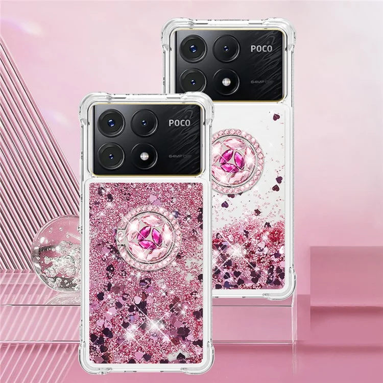 YB Quicksand Series-7 para Xiaomi Poco X6 Pro 5G / Redmi K70E 5G Funda con Soporte Plegable Funda TPU para Teléfono - Rosa Oro / Corazones