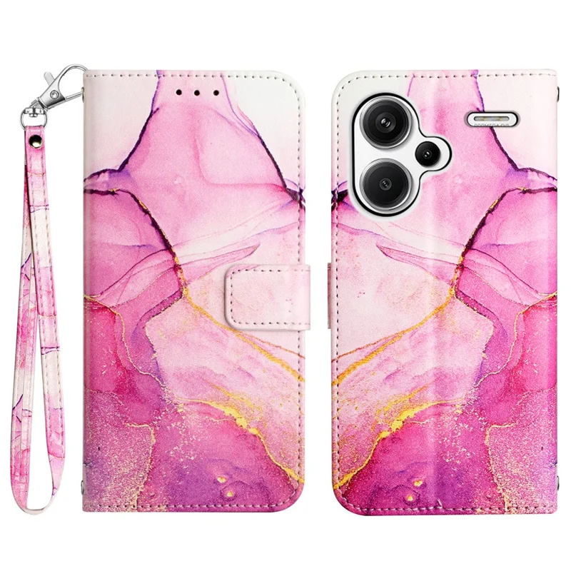 For Xiaomi Redmi Note 13 Pro+ 5G Case with Strap Marble Pattern Leather Phone Cover Card Holder - Pink+Purple+Gold LS001