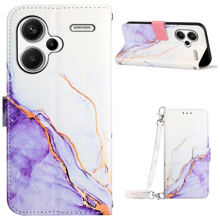 For Xiaomi Redmi Note 13 Pro+ 5G Leather Case with Shoulder Strap Marble Pattern Phone Stand Cover - White / Purple LS006