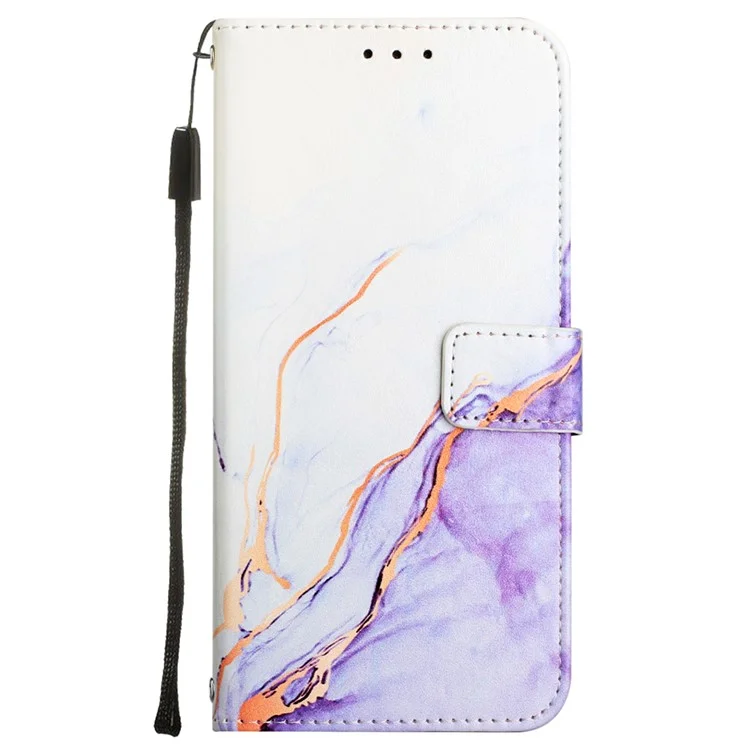For Xiaomi Redmi Note 13 Pro+ 5G Leather Case with Shoulder Strap Marble Pattern Phone Stand Cover - White / Purple LS006