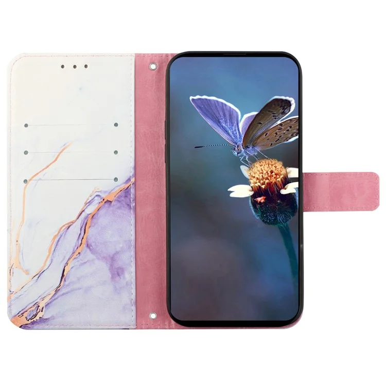For Xiaomi Redmi Note 13 Pro+ 5G Leather Case with Shoulder Strap Marble Pattern Phone Stand Cover - White / Purple LS006