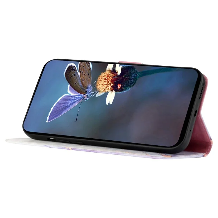 For Xiaomi Redmi Note 13 Pro+ 5G Leather Case with Shoulder Strap Marble Pattern Phone Stand Cover - White / Purple LS006