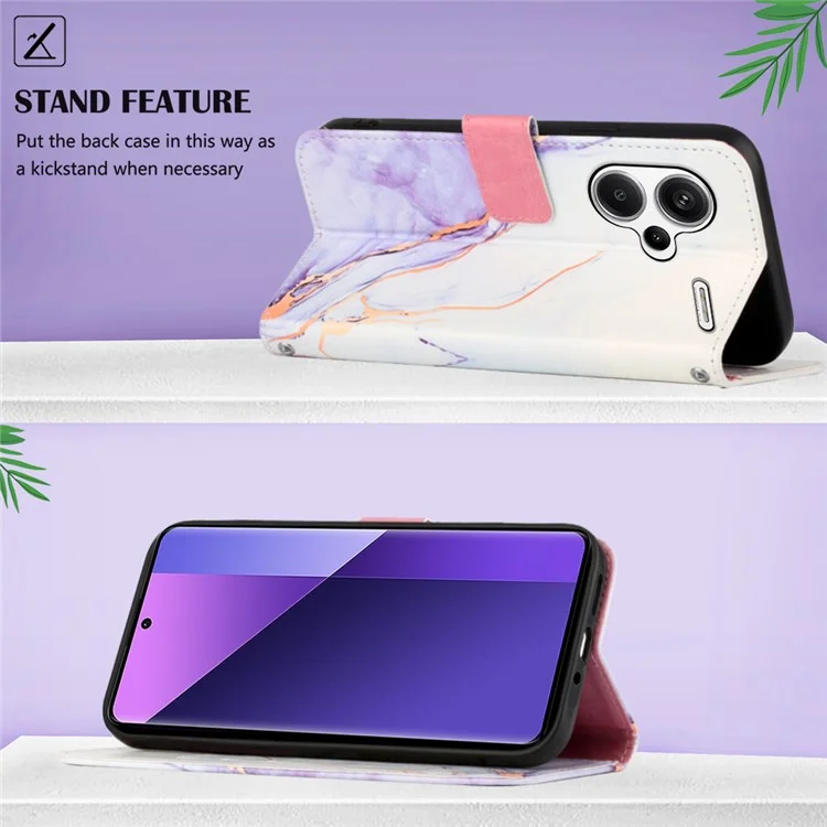 For Xiaomi Redmi Note 13 Pro+ 5G Leather Case with Shoulder Strap Marble Pattern Phone Stand Cover - White / Purple LS006