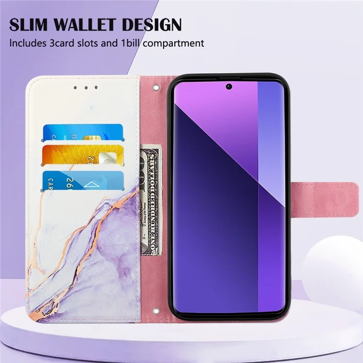 For Xiaomi Redmi Note 13 Pro+ 5G Leather Case with Shoulder Strap Marble Pattern Phone Stand Cover - White / Purple LS006