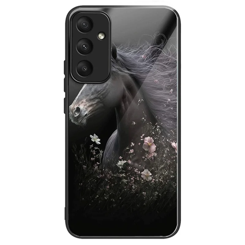 For Samsung Galaxy A35 5G Tempered Glass+TPU+PC Cover Anti-scratch Pattern Printing Phone Case - Horse and Flower