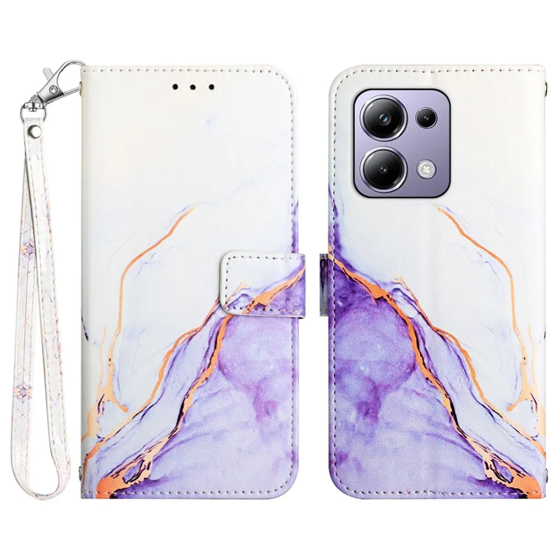 For Xiaomi Redmi Note 13 Pro 4G / Poco M6 Pro 4G Case with Strap Marble Pattern Leather Phone Cover Card Holder -  White+Purple LS006