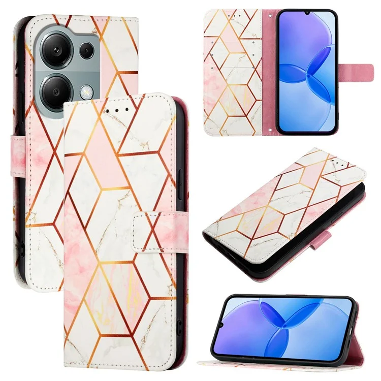 Serie Cuero con Estampado de Patrón YB - 6 para Xiaomi Redmi Note 13 Pro 4G / Poco M6 Pro 4G Funda Cartera de Pie - Rosa / Blanco LS002