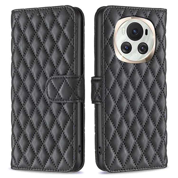 BINFEN COLOR BF Style-14 For Honor Magic6 5G Étui Pliable Debout Grille de Diamants Couverture de Téléphone - Noir