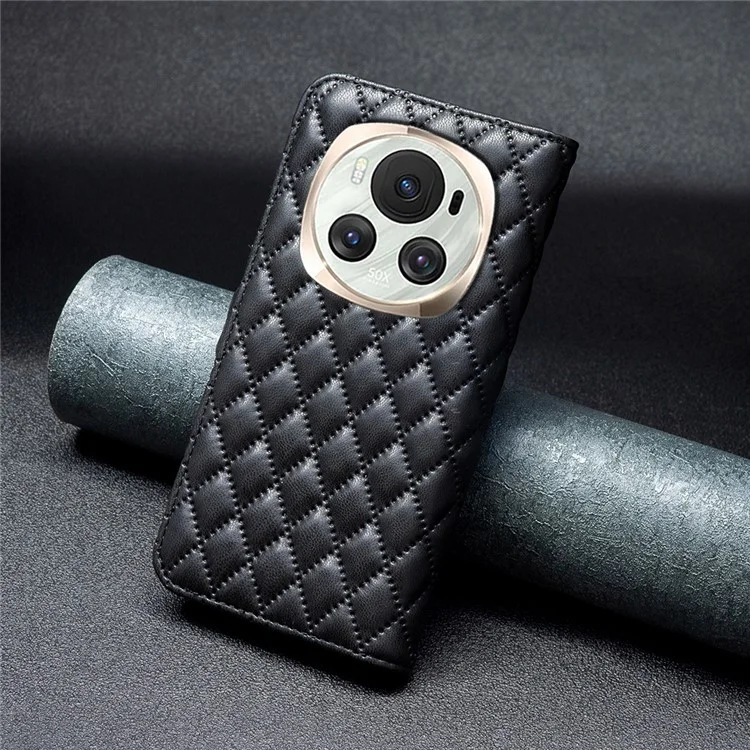 BINFEN COLOR BF Style-14 For Honor Magic6 5G Étui Pliable Debout Grille de Diamants Couverture de Téléphone - Noir