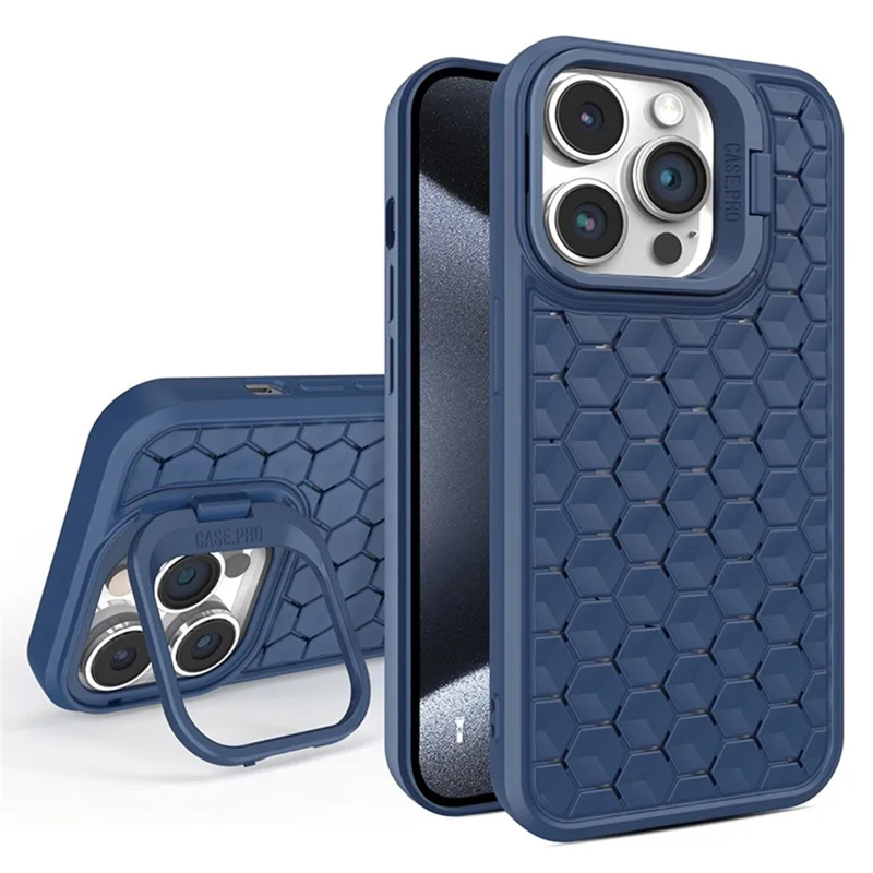 For iPhone 15 Pro Max Magnetic Case Heat Dissipation TPU Cover with Lens Frame Kickstand - Dark Blue