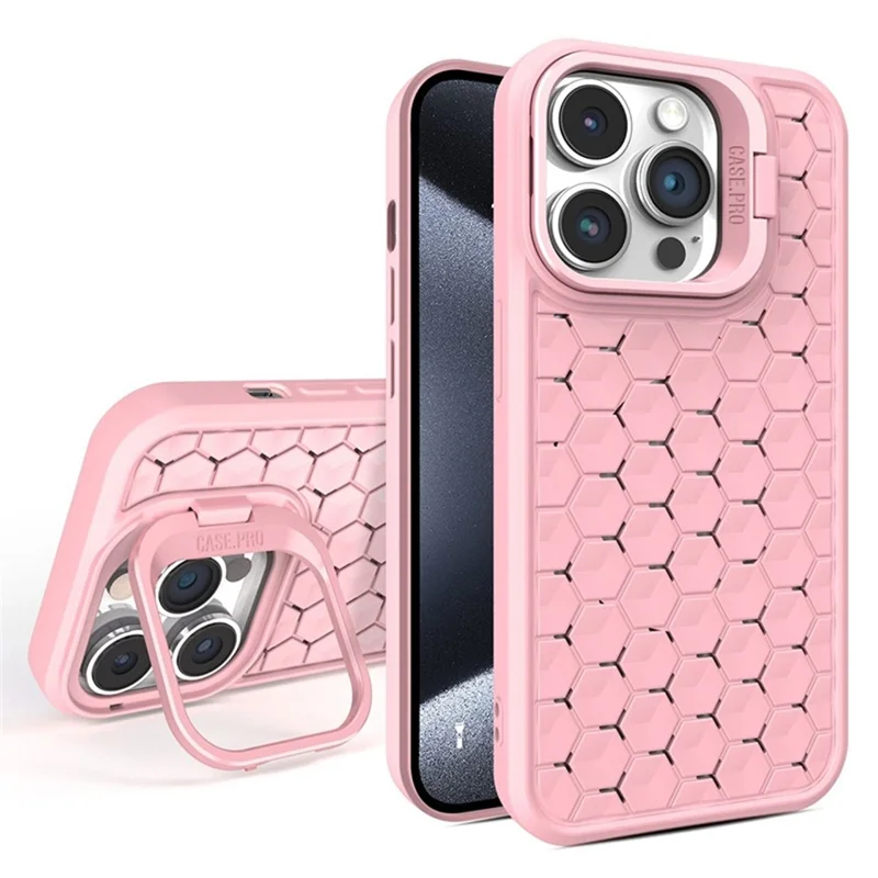 For iPhone 15 Pro Max Magnetic Case Heat Dissipation TPU Cover with Lens Frame Kickstand - Pink