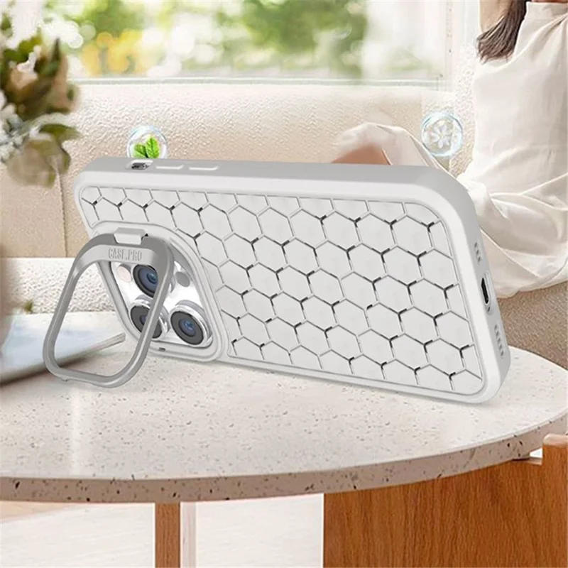 For iPhone 15 Pro Max Magnetic Case Heat Dissipation TPU Cover with Lens Frame Kickstand - Pink