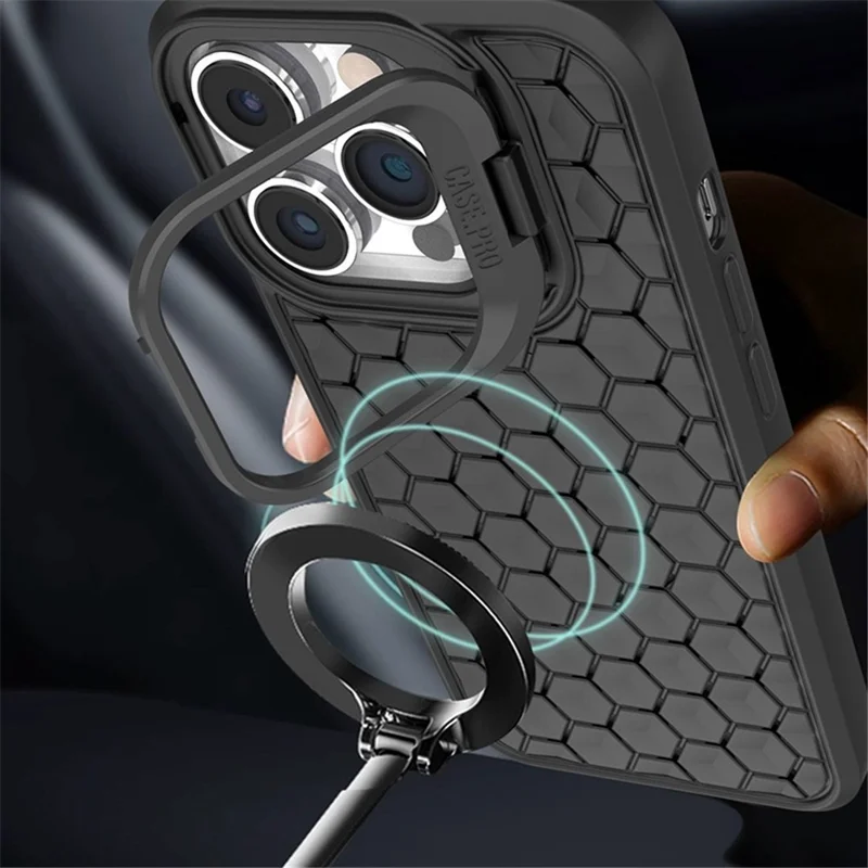 For iPhone 15 Pro Max Magnetic Case Heat Dissipation TPU Cover with Lens Frame Kickstand - Pink