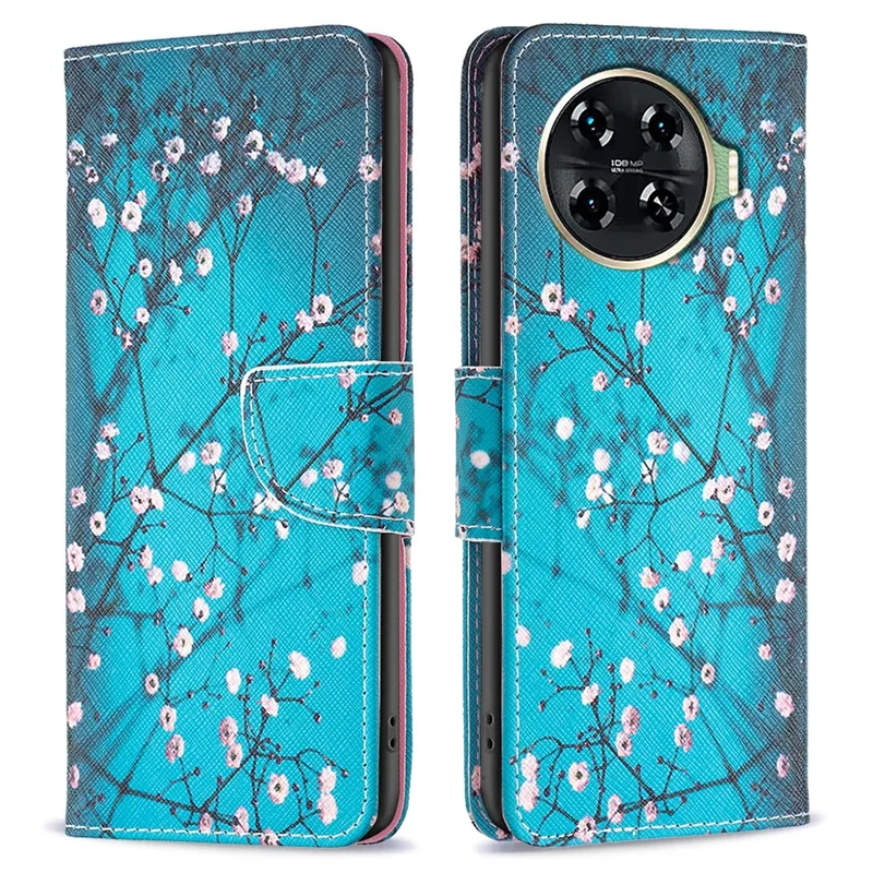 For TECNO Spark 20 Pro+ Case Pattern Printing Foldable Stand Phone Cover - Plum Blossom