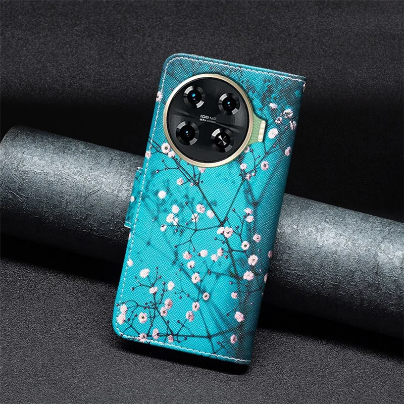 For TECNO Spark 20 Pro+ Case Pattern Printing Foldable Stand Phone Cover - Plum Blossom