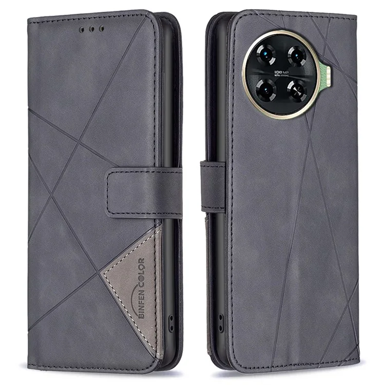 BINFEN COLOR For TECNO Spark 20 Pro+ Phone Cases Wallet Stand Geometry Imprinted Leather Cover - Black