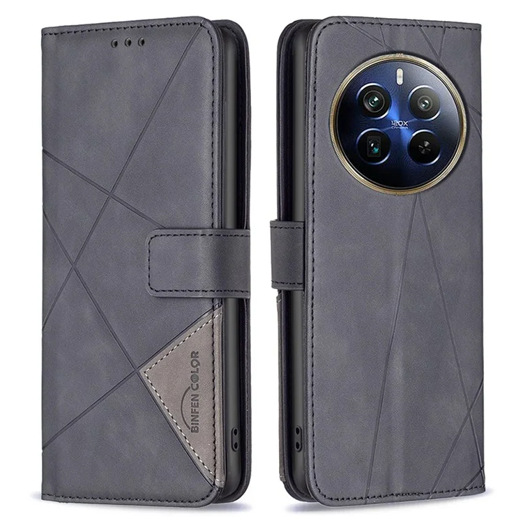 BINFEN COLOR For Realme 12 Pro 5G / 12 Pro+ 5G Phone Cases Wallet Stand Geometry Imprinted Leather Cover - Black