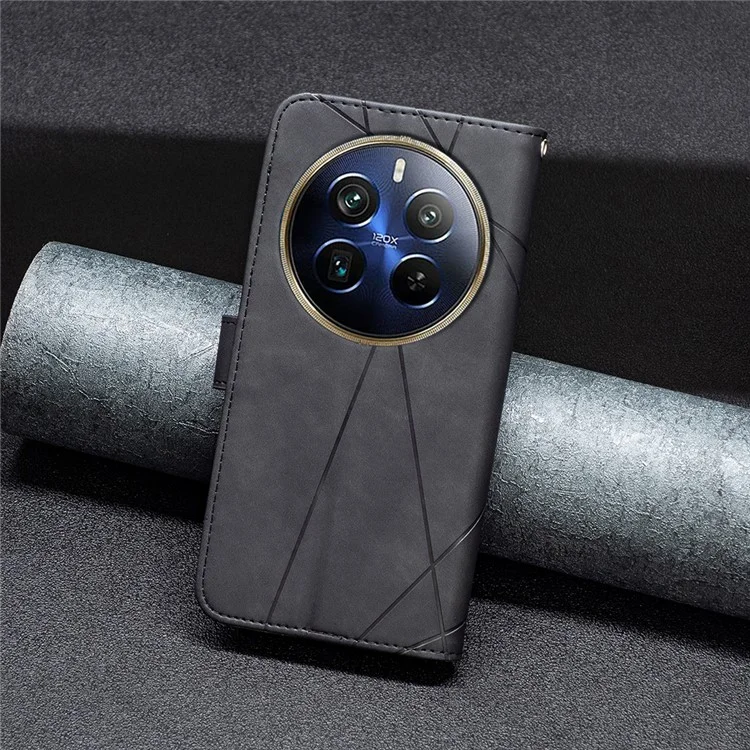 BINFEN COLOR For Realme 12 Pro 5G / 12 Pro+ 5G Phone Cases Wallet Stand Geometry Imprinted Leather Cover - Black