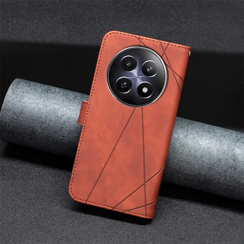 BINFEN COLOR For Realme 12 5G Phone Cases Wallet Stand Geometry Imprint Leather Cover - Brown