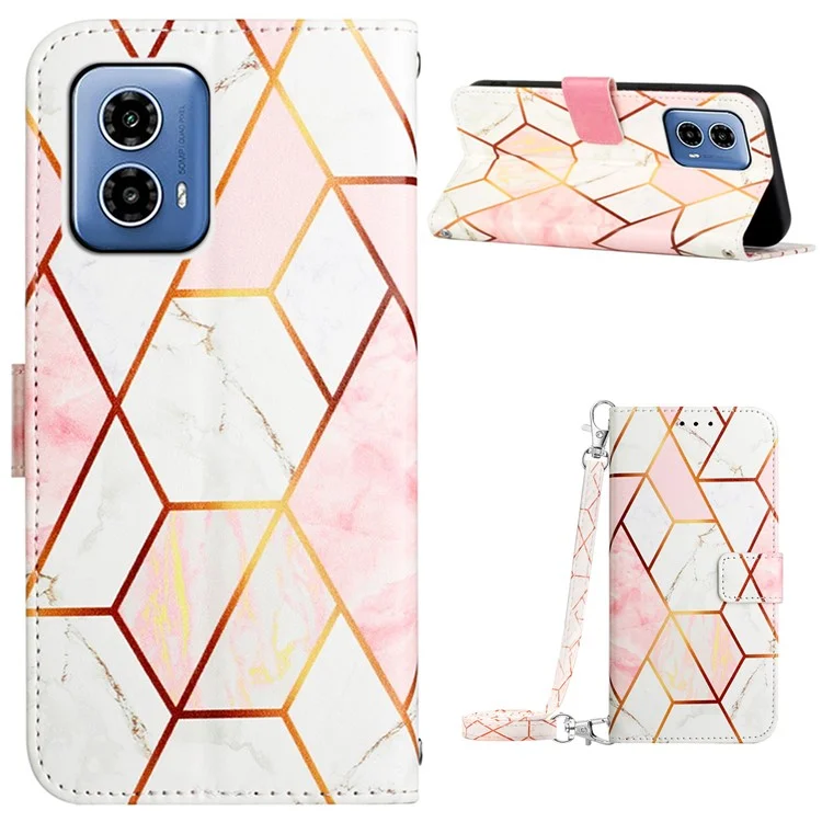 For Motorola Moto G45 5G / G34 5G Leather Case with Shoulder Strap Marble Pattern Phone Stand Cover - Pink / White LS002