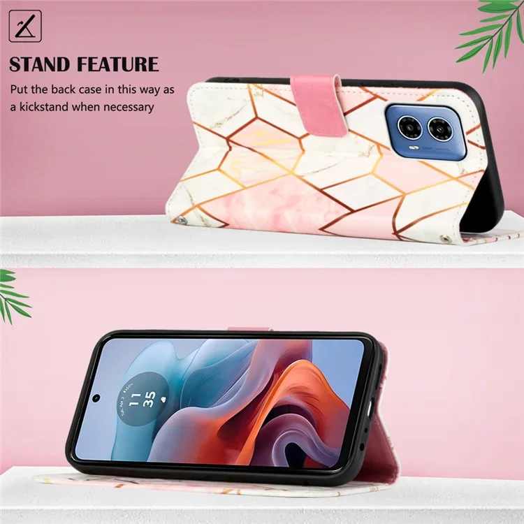 For Motorola Moto G45 5G / G34 5G Leather Case with Shoulder Strap Marble Pattern Phone Stand Cover - Pink / White LS002