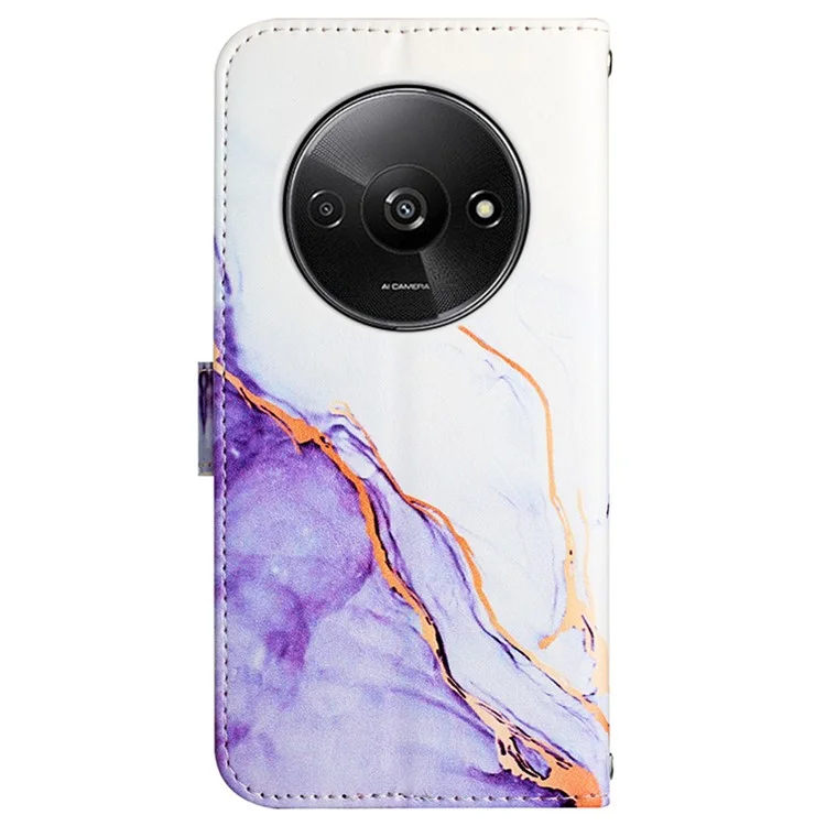 For Xiaomi Redmi A3 / Poco C61 4G Leather Case with Shoulder Strap Marble Pattern Phone Stand Cover - White / Purple LS006
