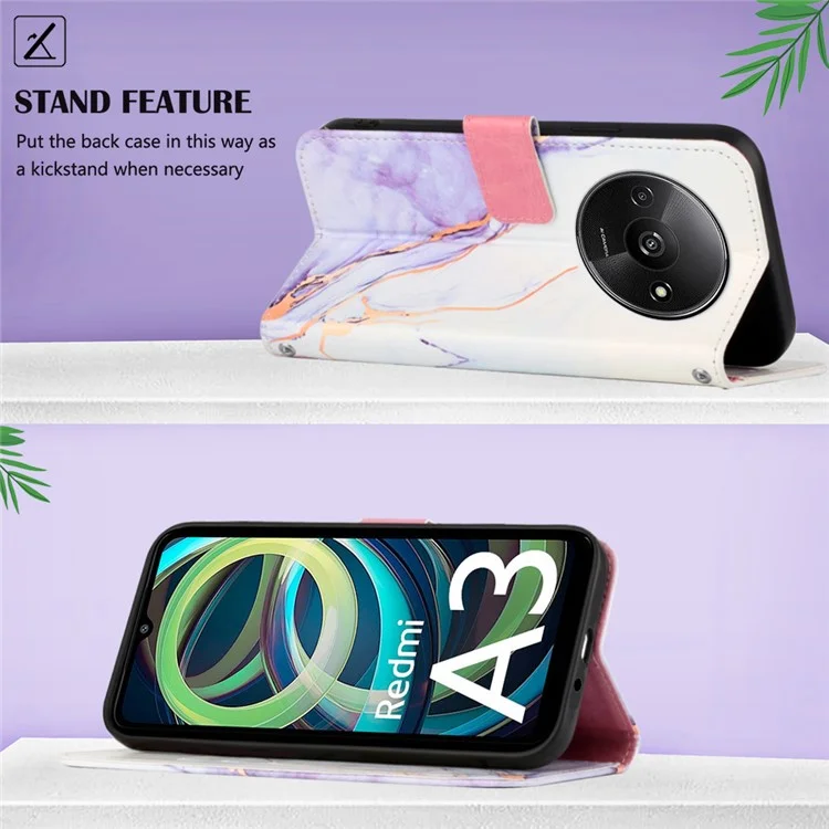 For Xiaomi Redmi A3 / Poco C61 4G Leather Case with Shoulder Strap Marble Pattern Phone Stand Cover - White / Purple LS006