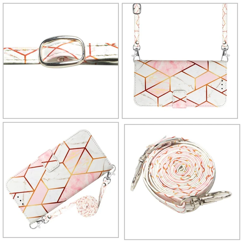For Xiaomi Redmi A3 / Poco C61 4G Leather Case with Shoulder Strap Marble Pattern Phone Stand Cover - Pink / White LS002
