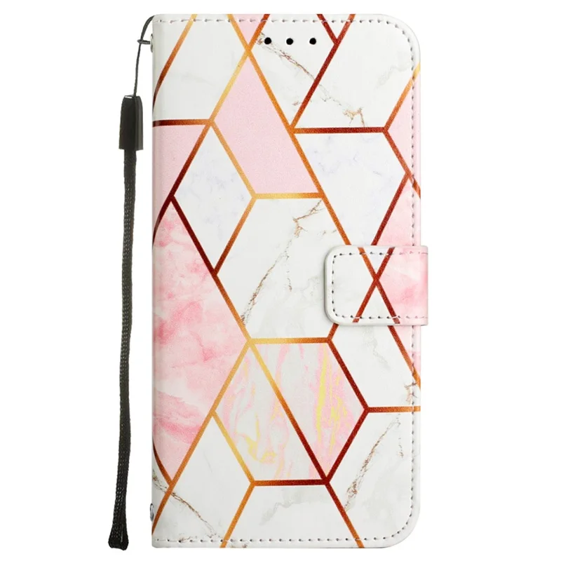 For Xiaomi Redmi A3 / Poco C61 4G Leather Case with Shoulder Strap Marble Pattern Phone Stand Cover - Pink / White LS002
