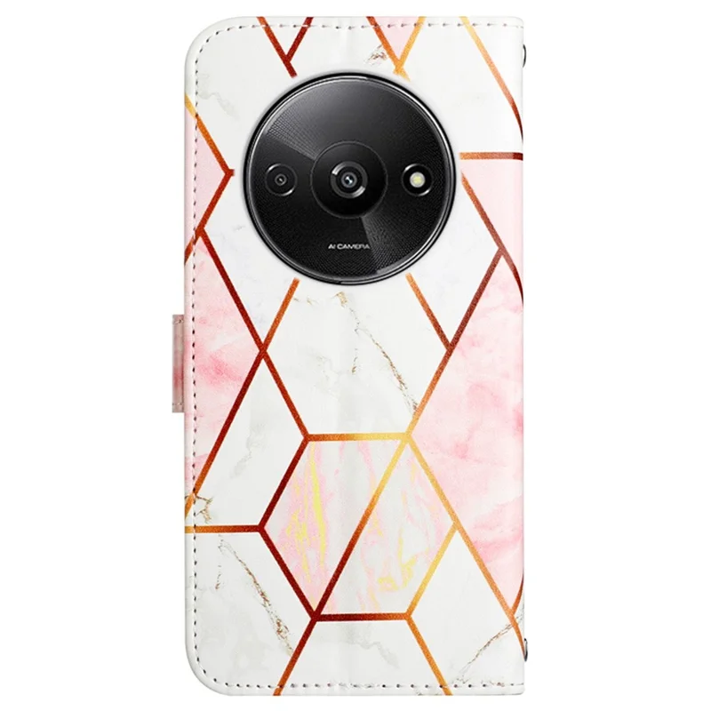 For Xiaomi Redmi A3 / Poco C61 4G Leather Case with Shoulder Strap Marble Pattern Phone Stand Cover - Pink / White LS002